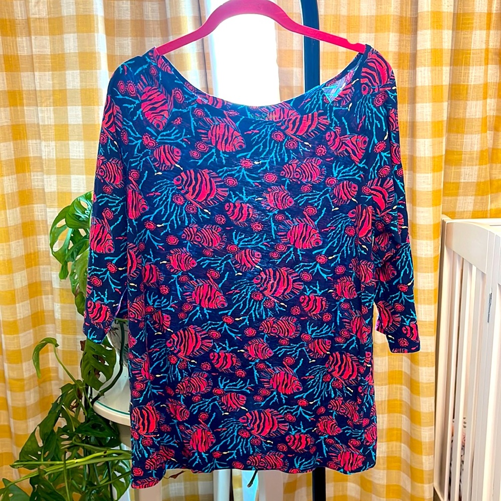 Lilly Pulitzer Boat Neck 3/4 Sleeve Cotton Top Shirt Blouse Fish Print Women XL